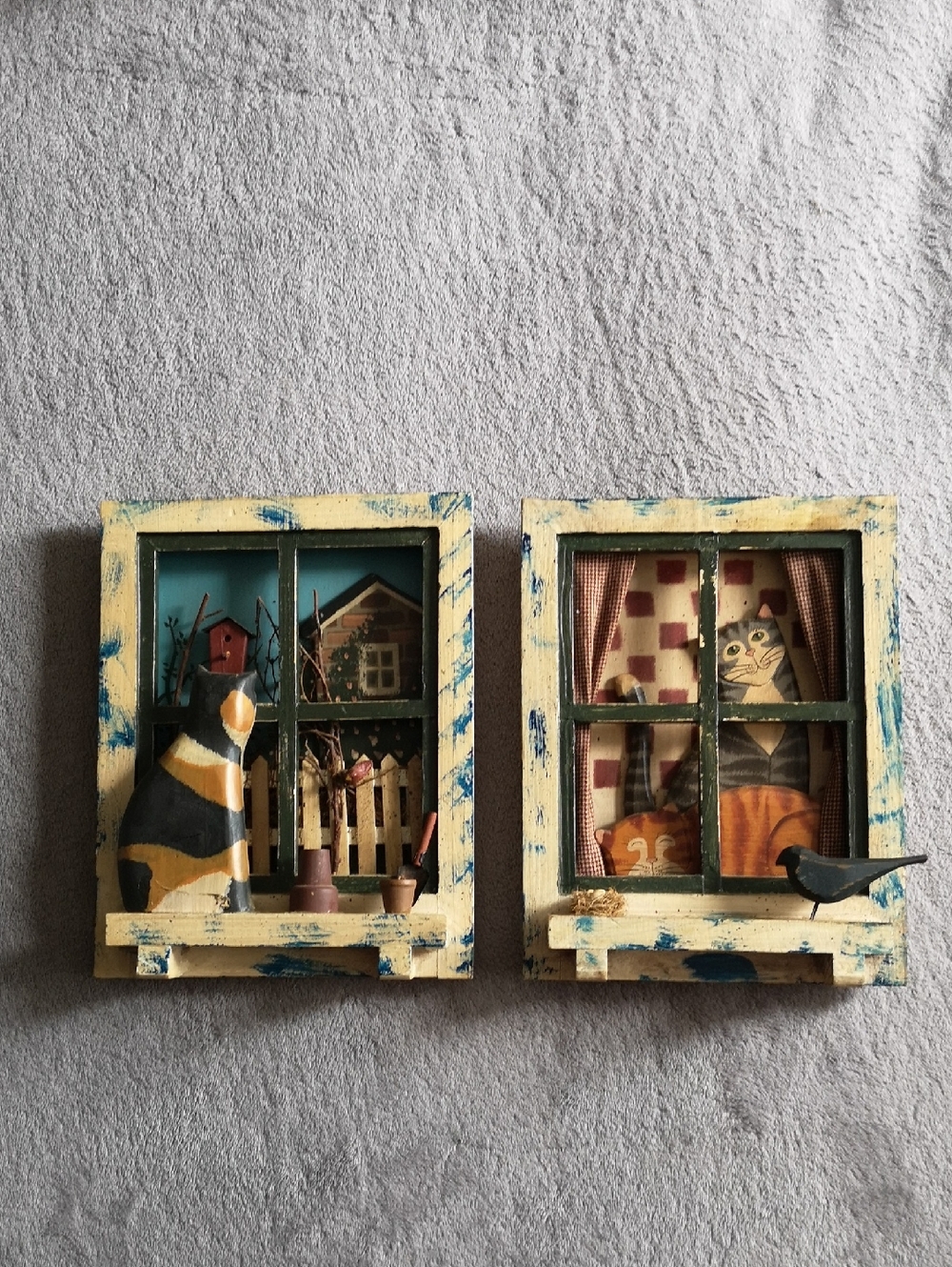 Set of Two Handmade (?) 3D Window Cat Art Wall Hangings Wood and Other Materials